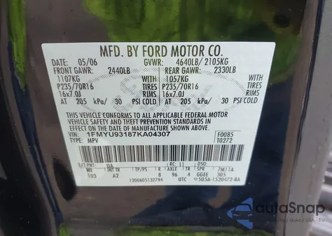 2007 Ford Escape Xlt/Xlt Sport из США, поврежденный, VIN 1FMYU93187KA04307